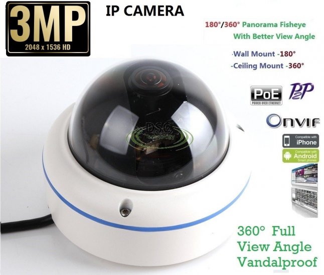 (image for) 3MP In/Outdoor fisheye Panoramic Security Dome camera PoE Onvif - Click Image to Close