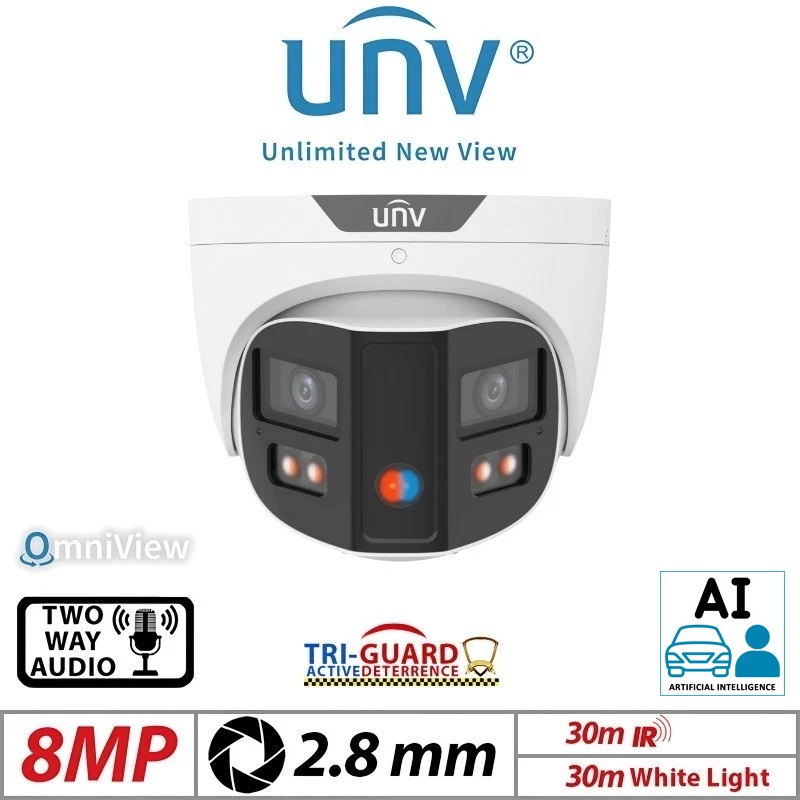IPC3K28SE-ADF28KMC-DL-I0 Uniview 8MP Colorhunter Dual Lens IP Turret Dome Camera, 180 Degree, NDAA (image for) IPC3K28SE-ADF28KMC-DL-I0 Uniview 8MP Colorhunter Dual Lens IP Turret Dome Camera, 180 Degree, NDAA