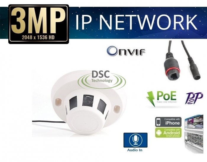 (image for) 3MP Indoor Security Smoke Detector Style IP Camera PoE Audio - Click Image to Close