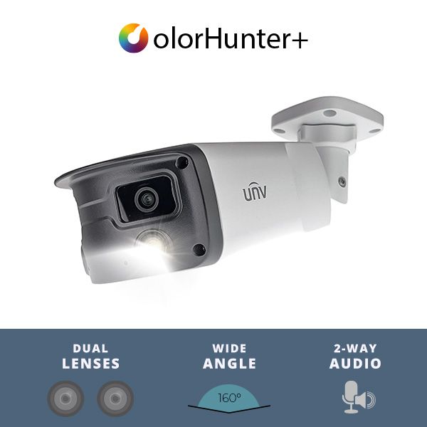 UNV 4MP Wide Angle Weatherproof 24/7 ColorHunter Bullet IP Security Camera with 2 x 4.0mm Fixed Lenses and 2-Way Audio (IPC2K24SE-ADF40KMC-WL-I0) (image for) UNV 4MP Wide Angle Weatherproof 24/7 ColorHunter Bullet IP Security Camera with 2 x 4.0mm Fixed Lenses and 2-Way Audio (IPC2K24SE-ADF40KMC-WL-I0)