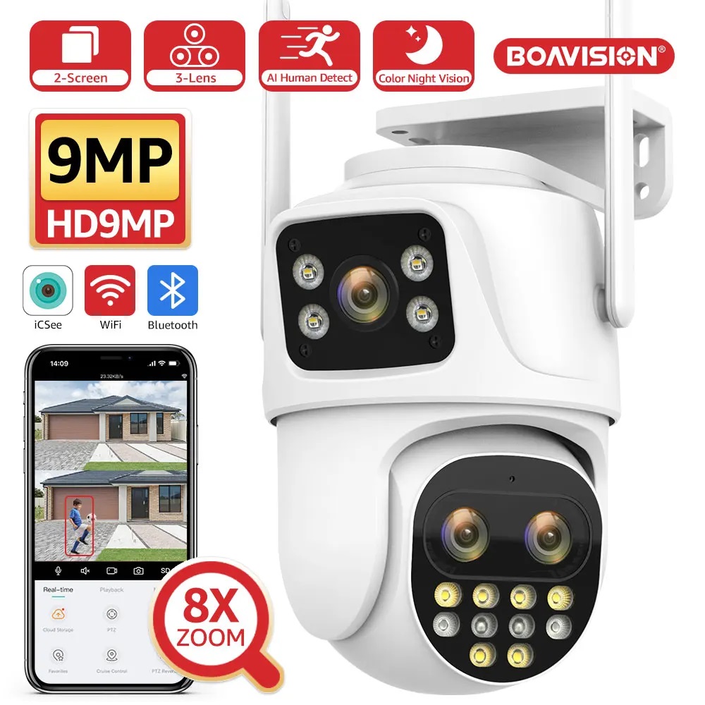 Wifi Surveillance Camera Outdoor PTZ 9MP Three lens 8X Digital Zoom AI Auto Tracking Humanoid Detection 8MP Security Camera (image for) Wifi Surveillance Camera Outdoor PTZ 9MP Three lens 8X Digital Zoom AI Auto Tracking Humanoid Detection 8MP Security Camera