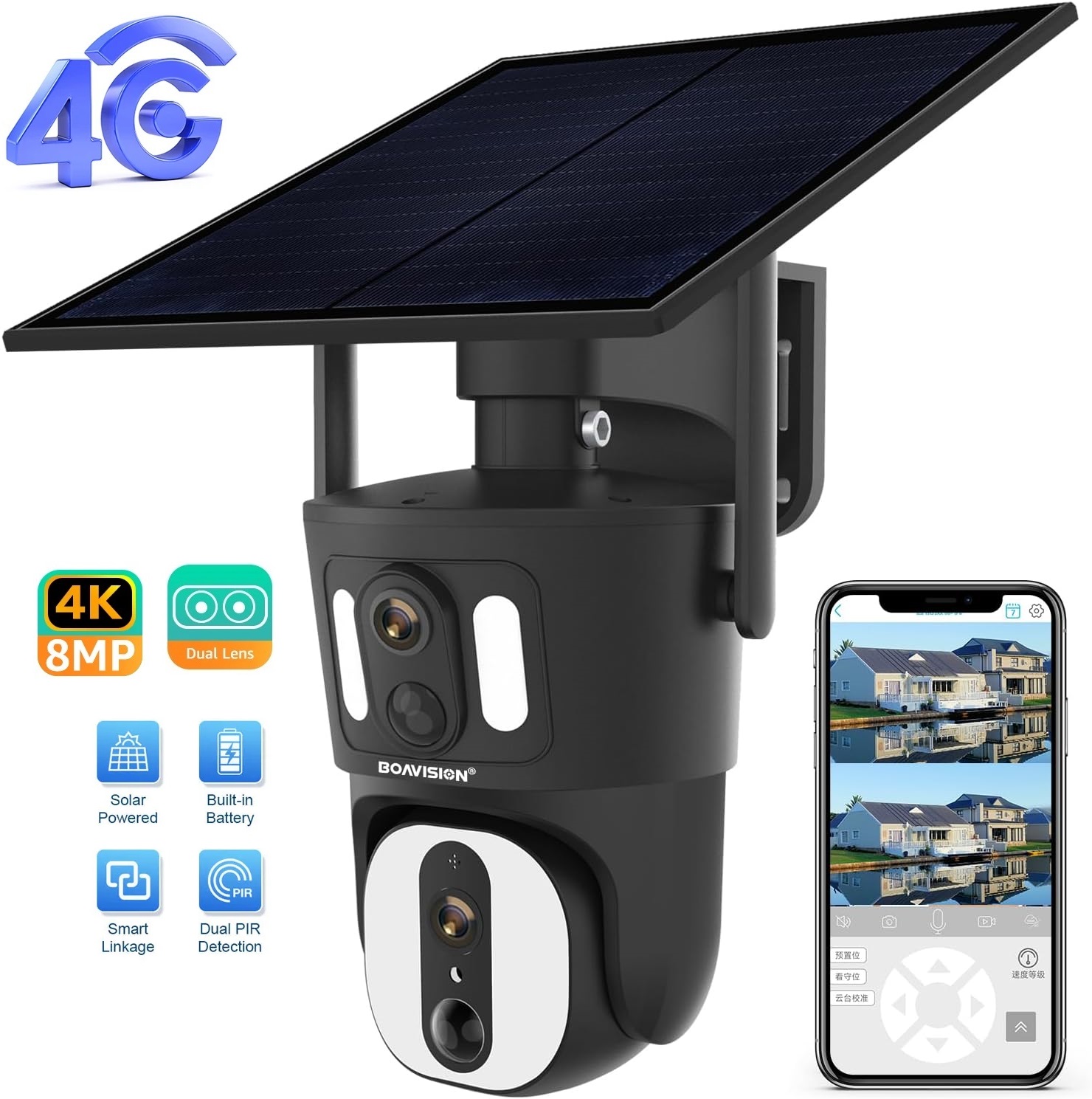 Outdoor 4G Sim Card Solar Panel Camera 4MP+4MP Dual Lens Dual Screen PIR Human Detection Color Night Vision Security Camera (image for) Outdoor 4G Sim Card Solar Panel Camera 4MP+4MP Dual Lens Dual Screen PIR Human Detection Color Night Vision Security Camera