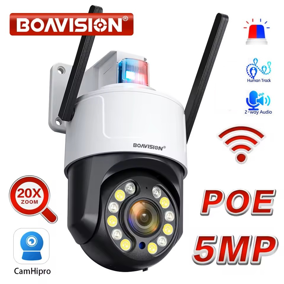 5MP 20X Zoom Wifi/PoE IP PTZ Camera Sound and Light Alarm Camera CamHipro (image for) 5MP 20X Zoom Wifi/PoE IP PTZ Camera Sound and Light Alarm Camera CamHipro