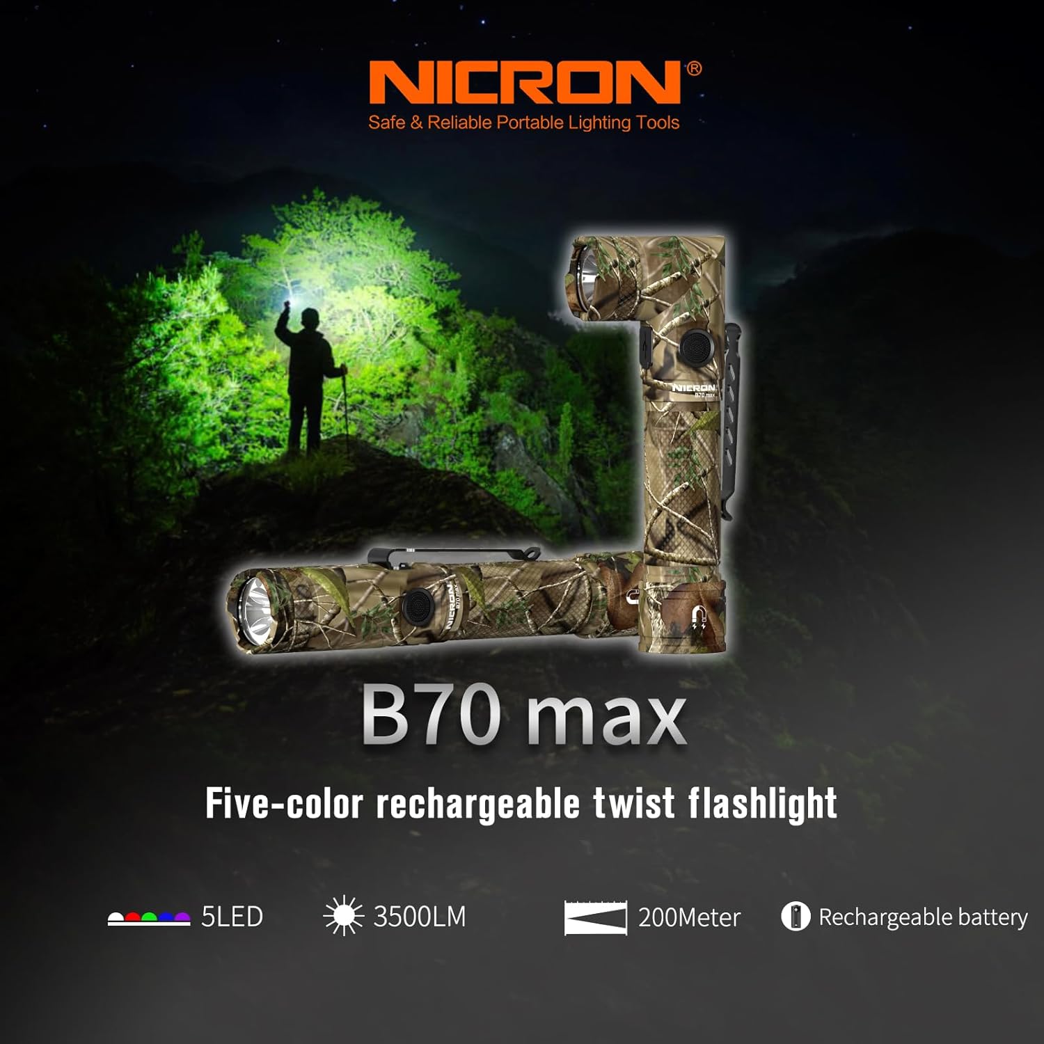 NICRON Flashlight, Rechargeable Twist Flashlight B70 Max 3500 Lumen LED Flashlight 5-Color Light 90 Degree Clamp with 360 Rotary Clip Waterproof (image for) NICRON Flashlight, Rechargeable Twist Flashlight B70 Max 3500 Lumen LED Flashlight 5-Color Light 90 Degree Clamp with 360 Rotary Clip Waterproof